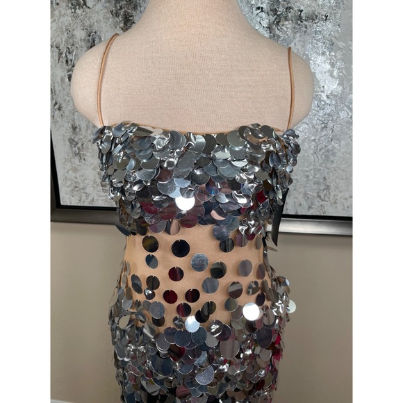 RETROFETE Mischa Sequin Embellished Sheer Silver Mirrored Maxi Dress Size M - Picture 5 of 9
